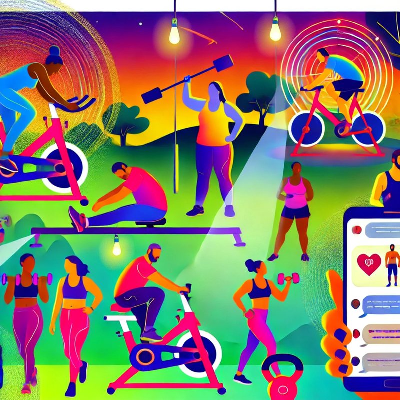 Colorful illustration of people cycling, lifting weights and stretching in a park.