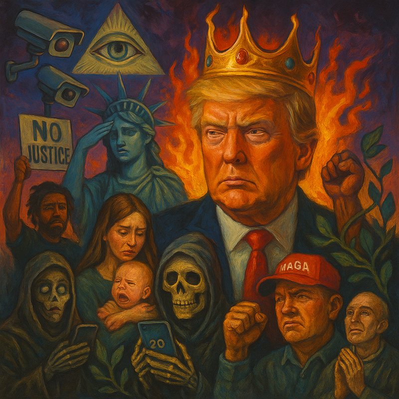 Painting of a blond man in a crown and red tie before flames, with the Statue of Liberty, a crowd and an all-seeing eye.