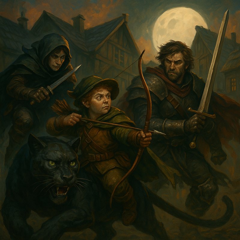 Painting of adventurers with bows and swords under a full moon, a black panther at their side.