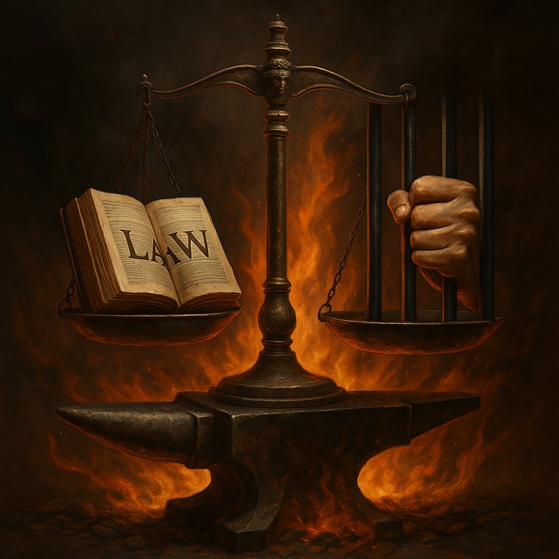 Painting of scales of justice on an anvil in flames, a law book on one side and a hand gripping jail bars on the other.