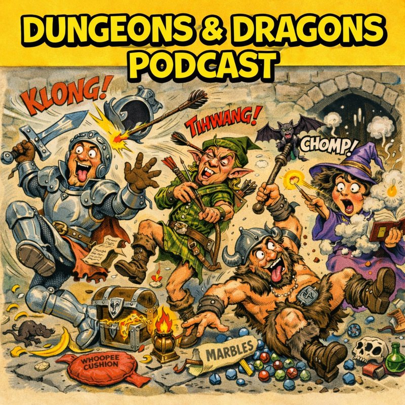 Cartoon of adventurers in slapstick chaos with sound effects like "Klong!" and "Chomp!": "Dungeons & Dragons Podcast."