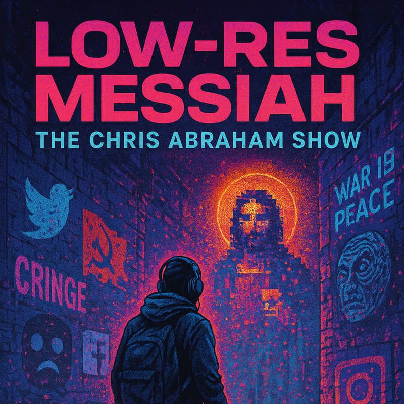 Cover, "Low-Res Messiah": a hooded man facing a pixelated glowing Jesus on a wall of social media icons.