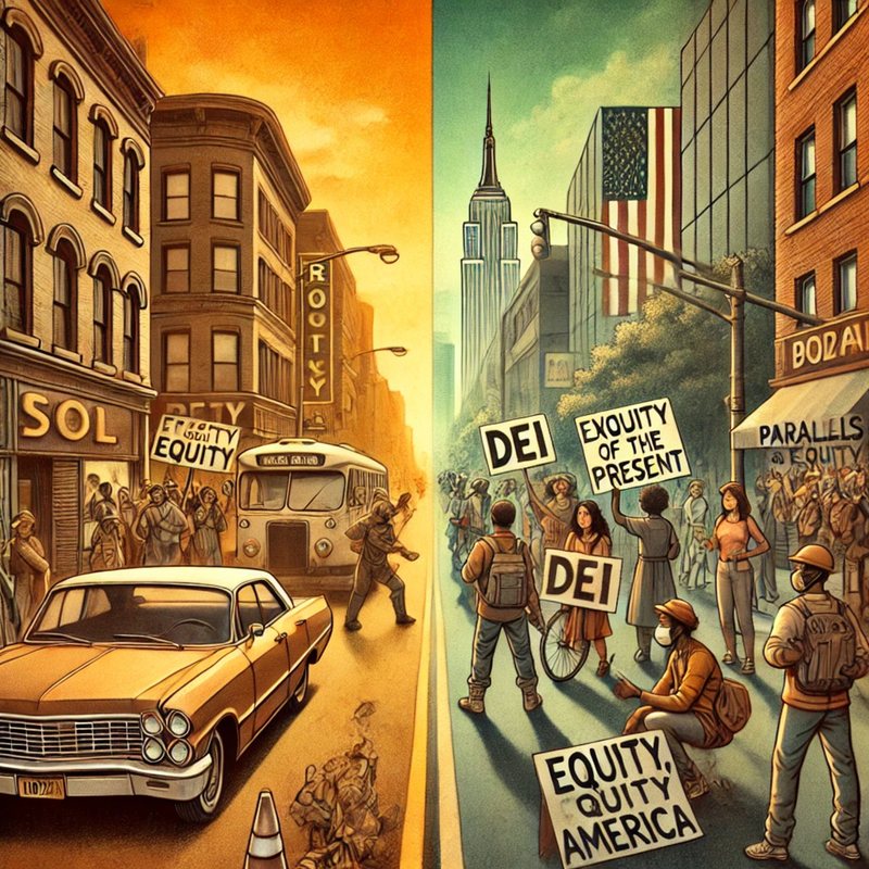 Illustration of a 1970s city street beside a modern one, with protest signs reading DEI and Equity.