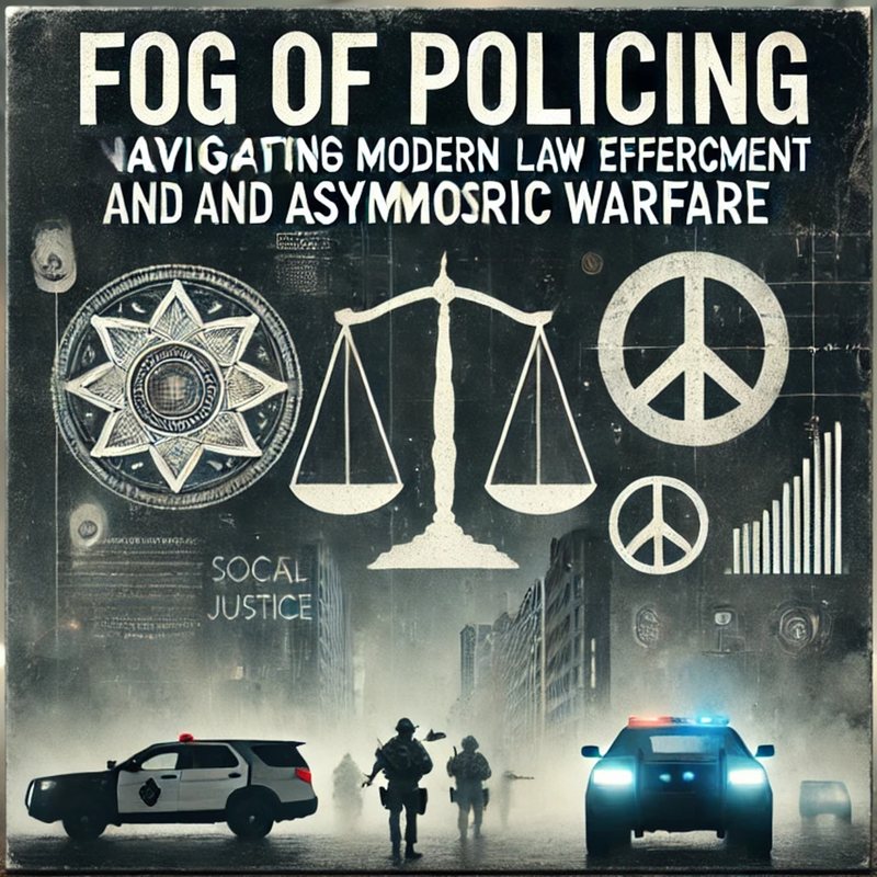 Gray poster titled "Fog of Policing," with a badge, scales of justice, peace signs and police cars in fog.
