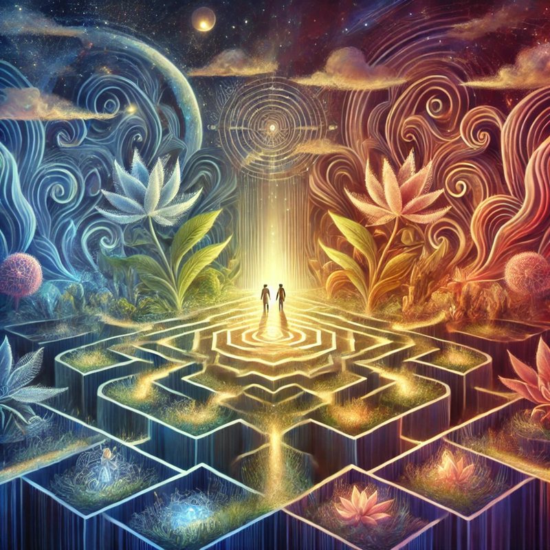 Painting of two figures at the glowing center of a labyrinth under a swirling sky.