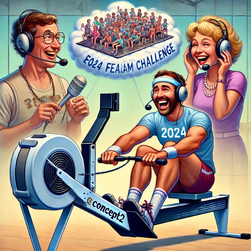 Cartoon of a laughing man on a Concept2 rowing machine, cheered on by two hosts in headsets.