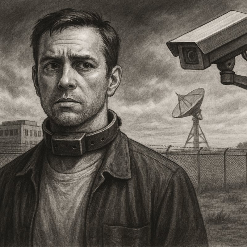 Pencil drawing of a man in a shock collar before a fence, a security camera and a satellite dish.