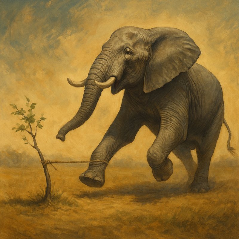 Painting of an elephant charging across dry grass, tied by a thin rope to a sapling.