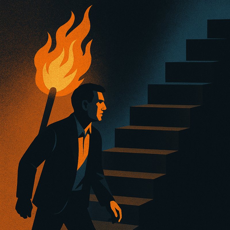 Poster of a man in a suit carrying a flaming torch up a dark staircase.