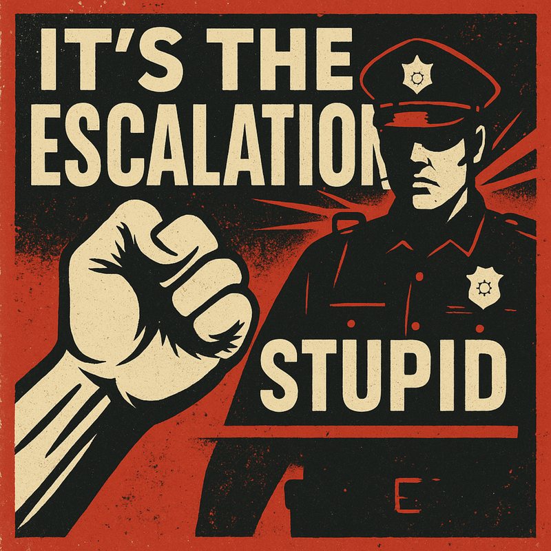 Poster, "It's the Escalation, Stupid": a raised fist beside a police officer in sunglasses.