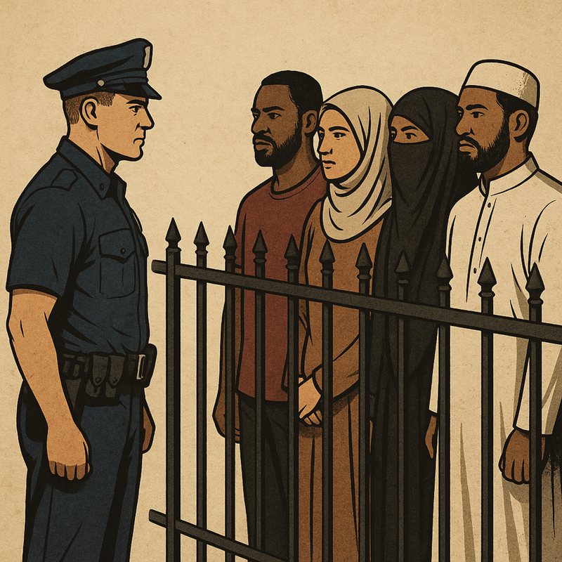 Illustration of a police officer facing a line of people of different faiths behind an iron fence.