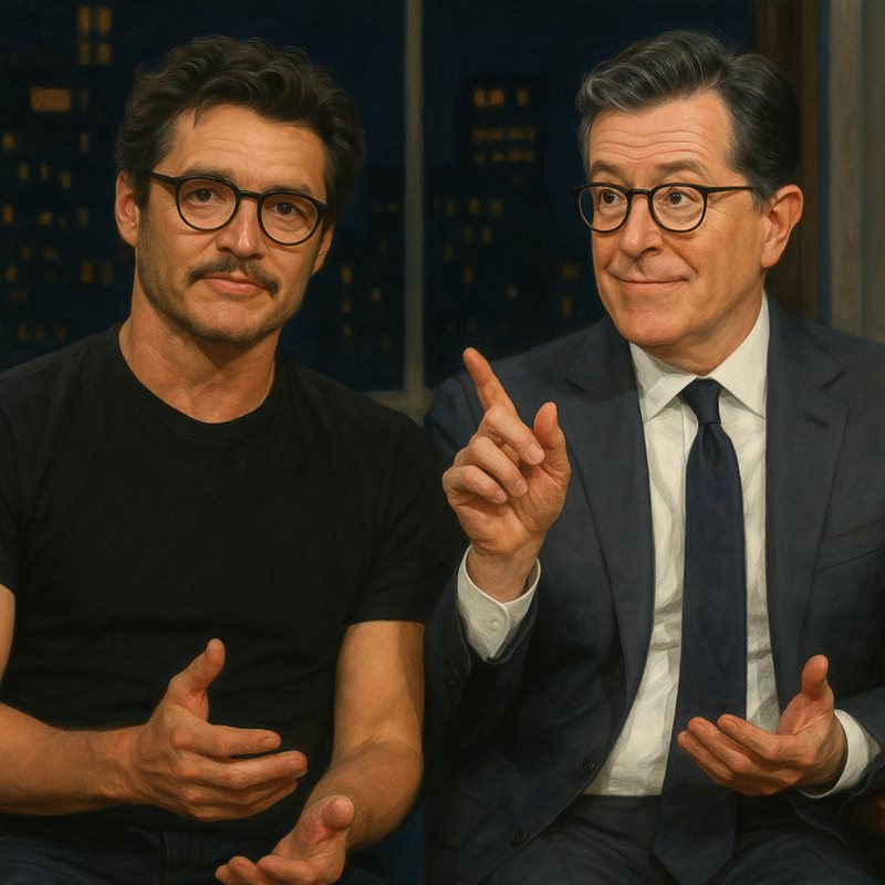Two men in glasses gesturing as they talk on a late night TV set.