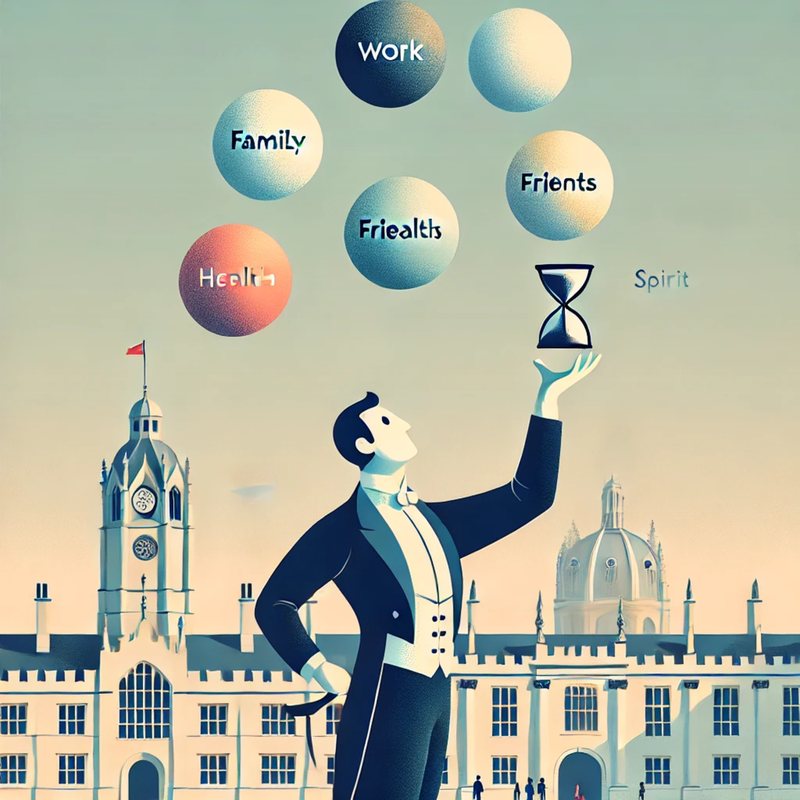 Illustration of a man in tails before Oxford spires, juggling spheres labeled Work, Family, Friends and Health.