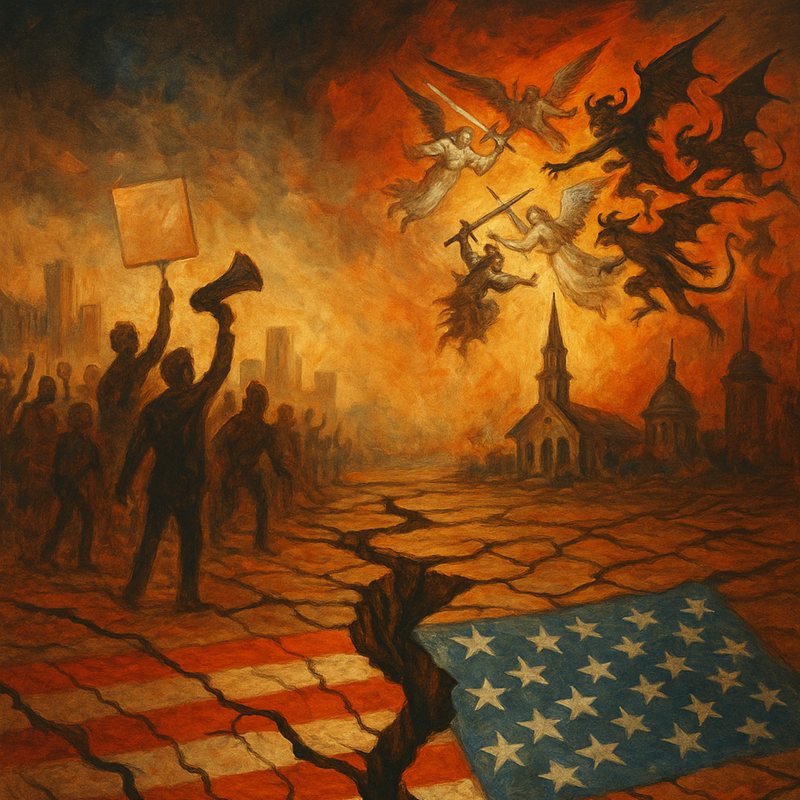 Painting of protesters before a burning town as angels and demons battle overhead, the American flag cracking apart.