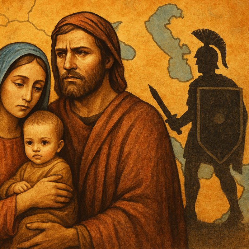 Painting of Mary and Joseph holding the infant Jesus beside the dark silhouette of a Roman soldier.