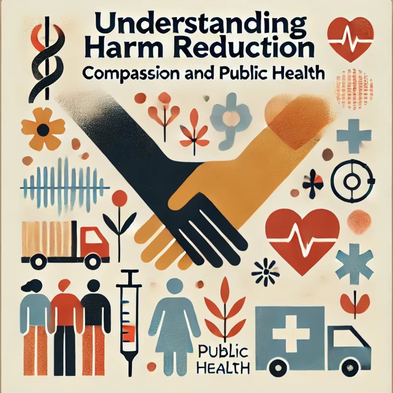 Illustrated cover, "Understanding Harm Reduction: Compassion and Public Health": joined hands and health icons.
