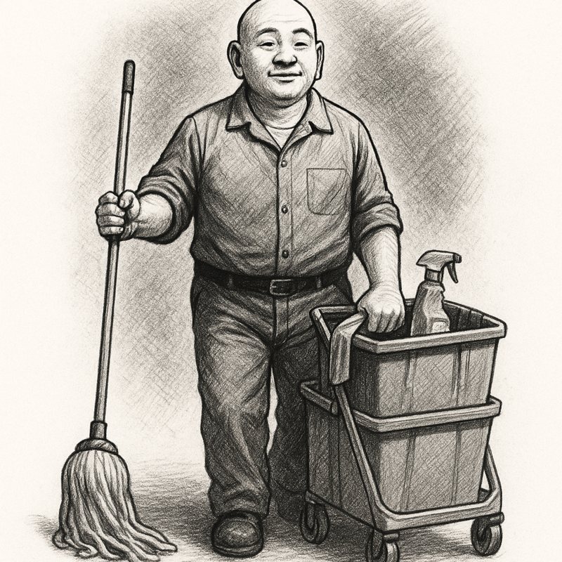 Pencil drawing of a smiling bald janitor with a mop and a cleaning cart.