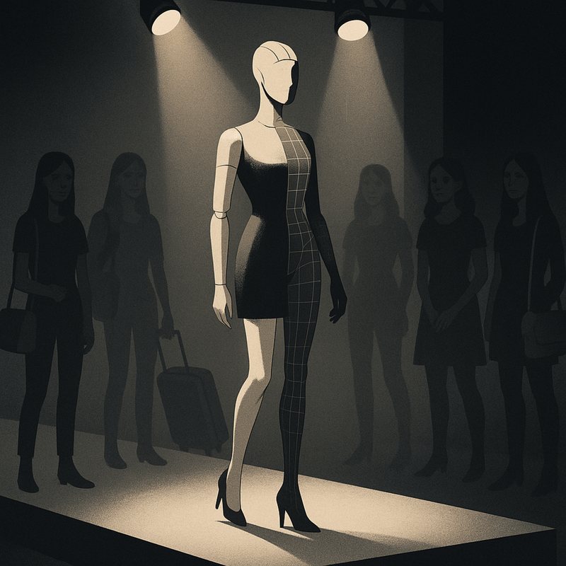 A faceless mannequin in a black dress on a lit runway, with women in silhouette behind.