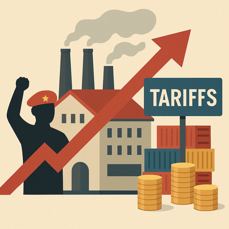Flat illustration of a factory, a rising red arrow, shipping containers and coins under a "Tariffs" sign.