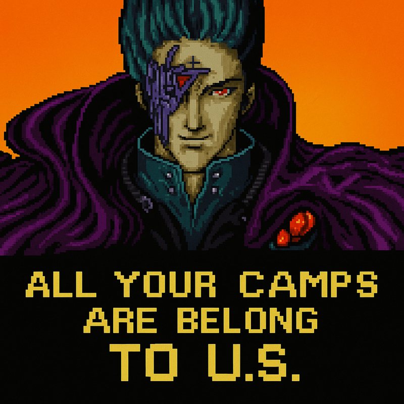 Pixel art villain in a purple cloak above the words "All Your Camps Are Belong to U.S."