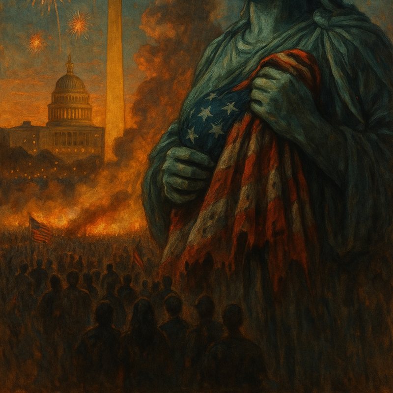 Painting of the Statue of Liberty clutching a flag as fireworks and fire light the Capitol and a crowd.