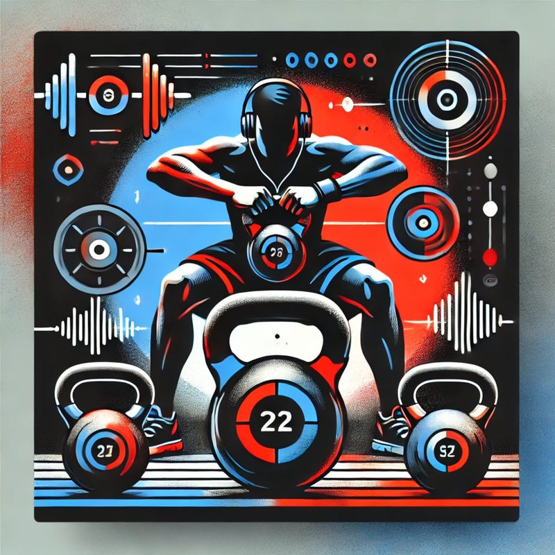 Illustration of an athlete in headphones holding kettlebells against a red and blue sound wave design.