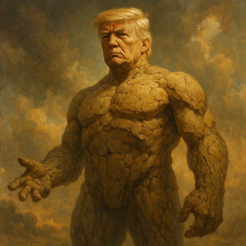 Painting of Donald Trump as a hulking giant made of craggy stone.