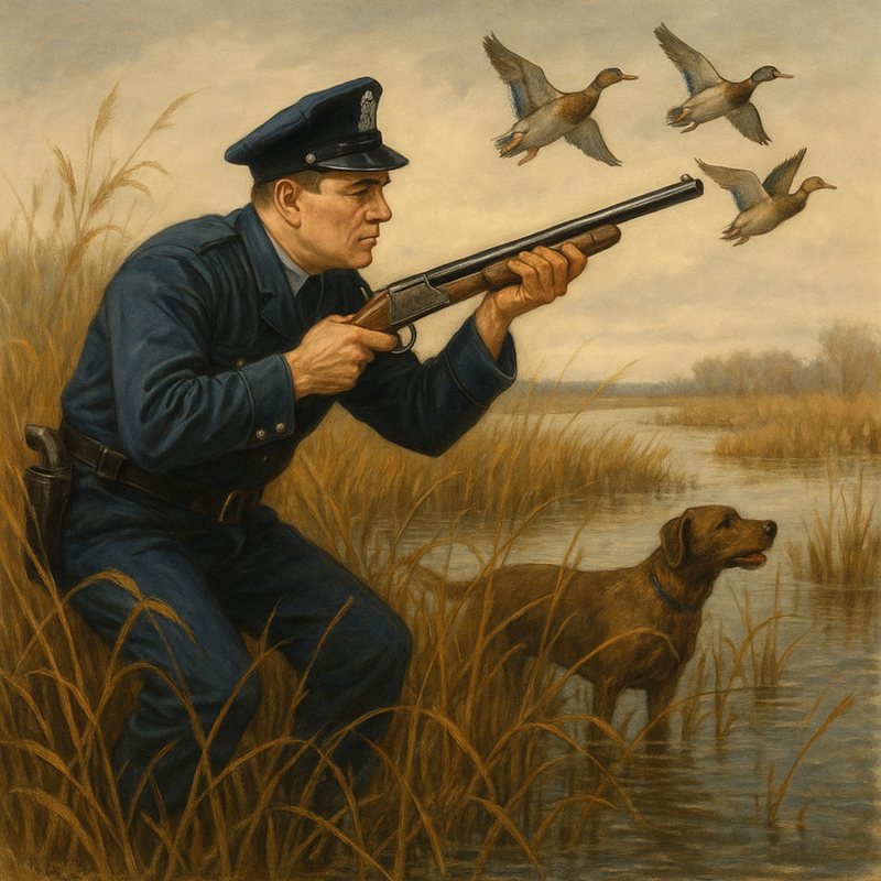 Painting of a police officer firing a shotgun at ducks over a marsh, with a hunting dog.