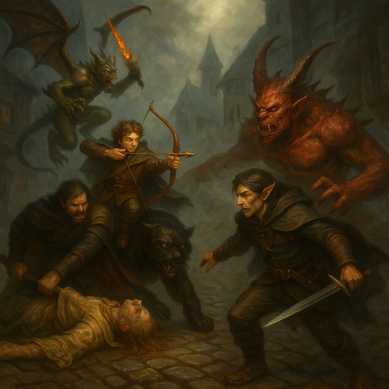 Painting of adventurers battling winged devils in a misty town, one comrade fallen.