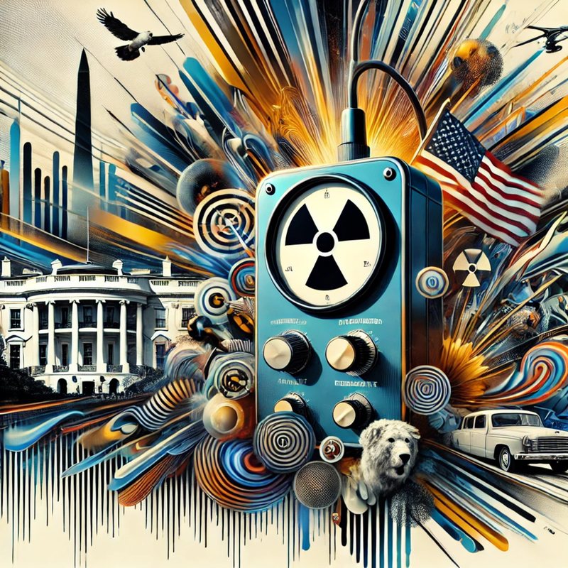 Collage of a radiation meter exploding with color before the White House and an American flag.