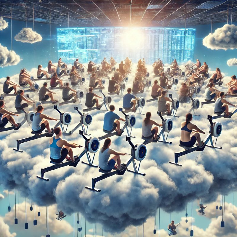 Dozens of people on rowing machines floating on clouds under a bright glowing screen.