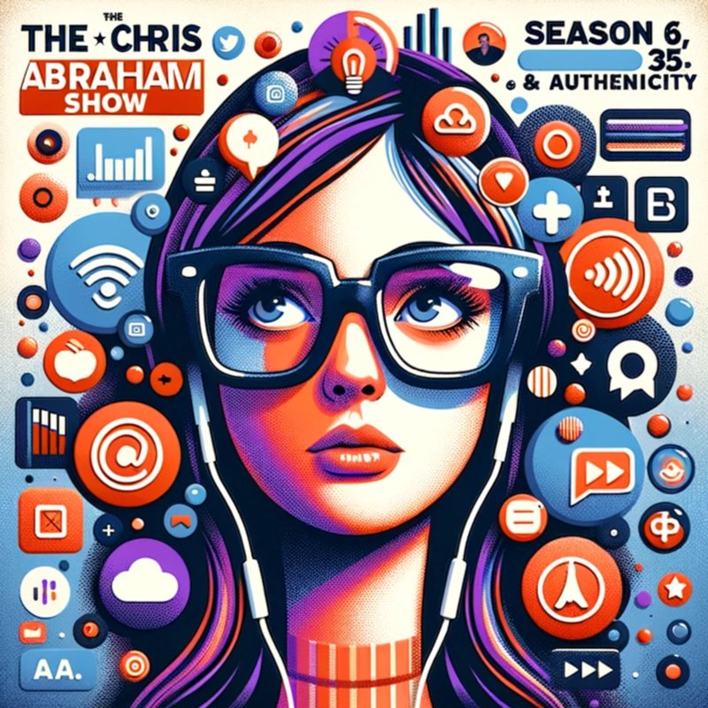 Illustrated cover: a young woman in big glasses and earbuds amid social media icons, Season 6, Episode 35.