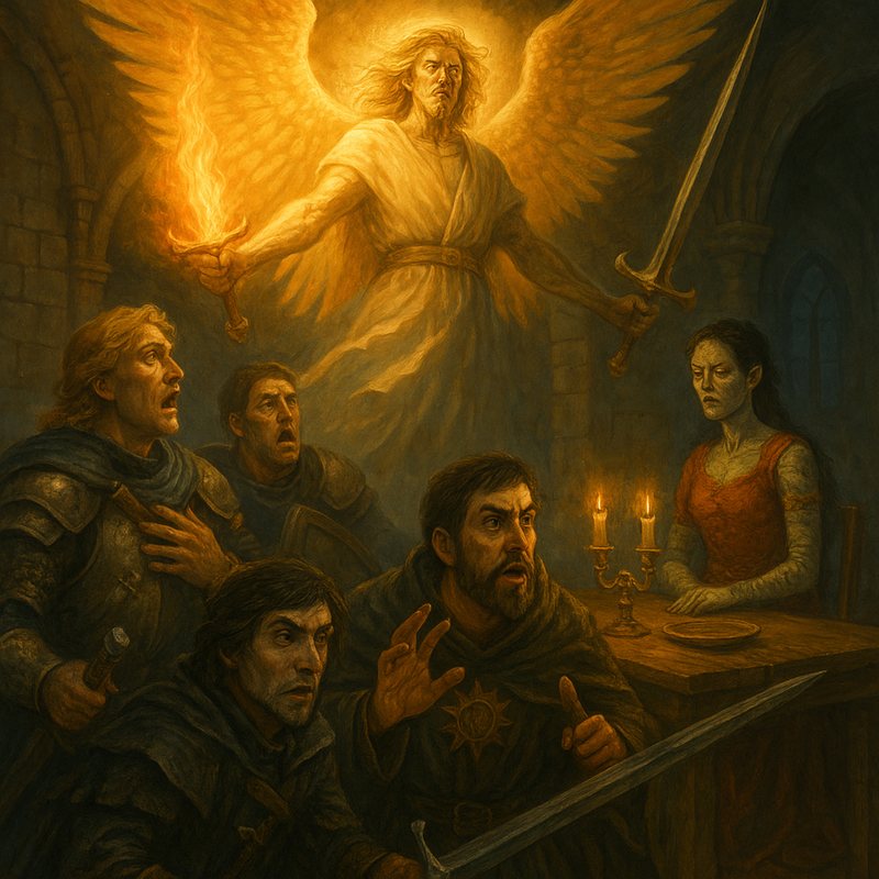 Painting of a glowing angel with a flaming hand appearing over startled adventurers in a candlelit abbey.