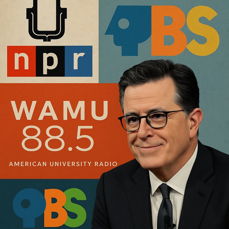 Collage of NPR, PBS and WAMU 88.5 American University Radio logos beside a smiling man in glasses.
