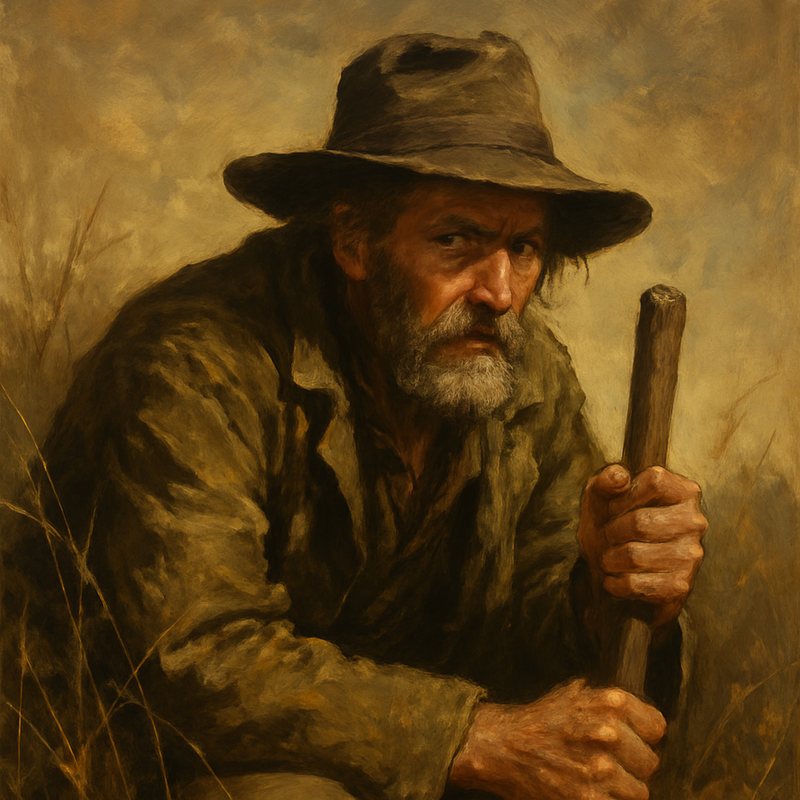 Painting of a weathered old man in a slouch hat crouching in tall grass, gripping a stick.
