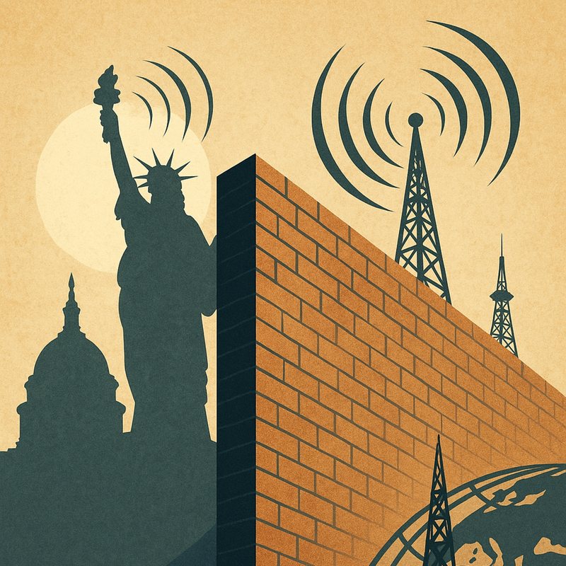 Poster of a brick wall rising between the Statue of Liberty and the Capitol and a broadcast tower.