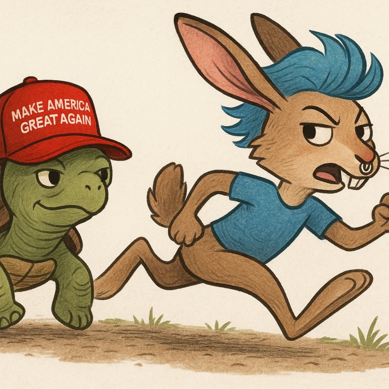 Cartoon of a tortoise in a "Make America Great Again" cap racing a blue-haired hare.
