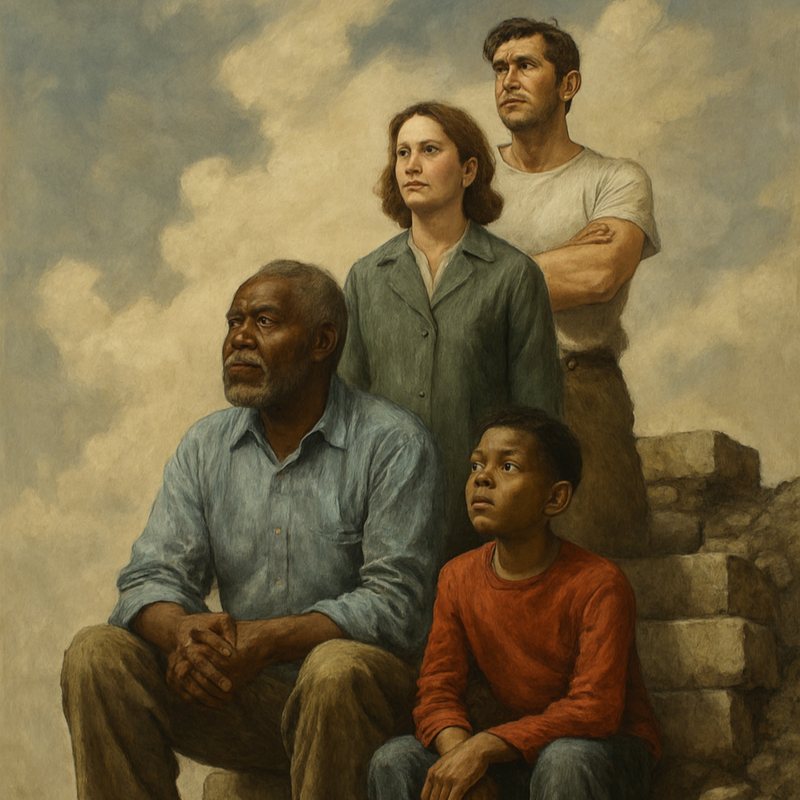 Painting of four people of different ages and races resting on a low brick wall under a cloudy sky.