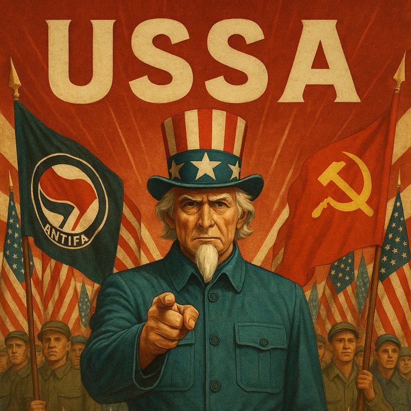 Soviet-style poster headed "USSA": Uncle Sam pointing, flanked by Antifa and hammer and sickle flags.