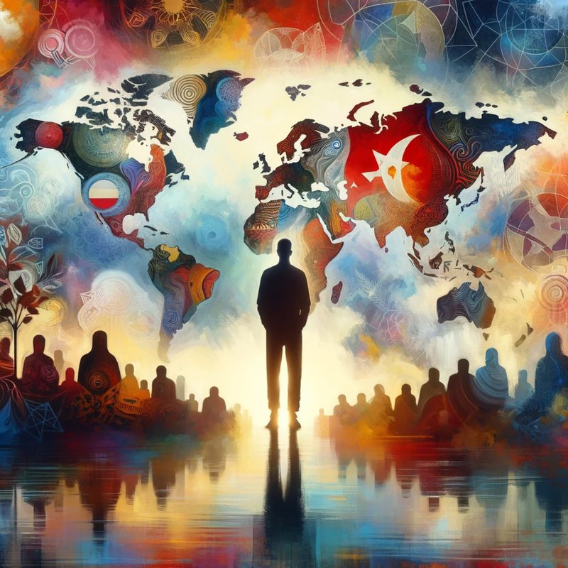 Painting of a lone man facing a colorful world map, with a crowd in silhouette.