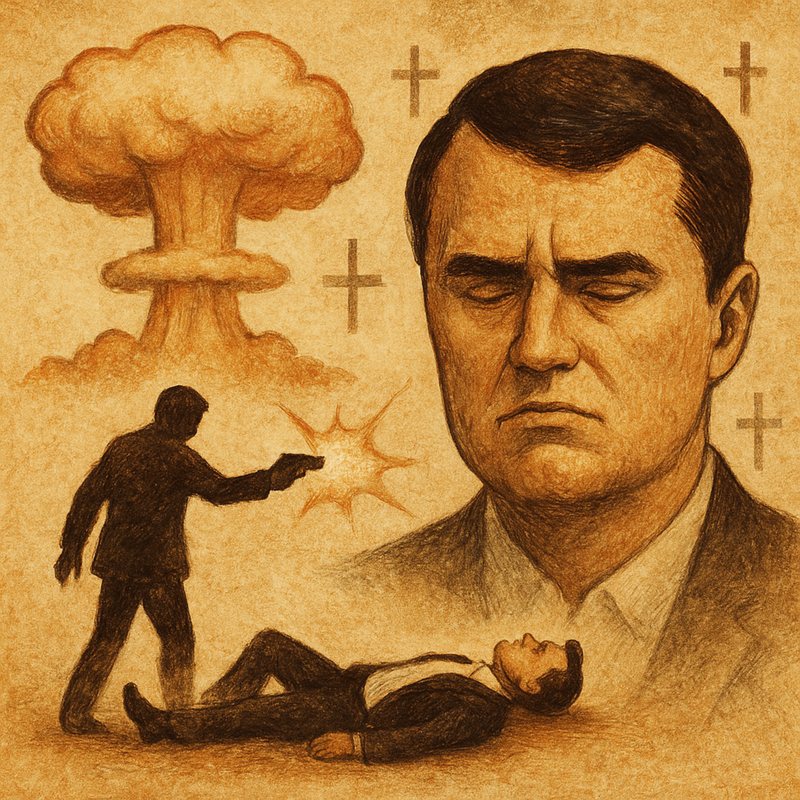 Sepia drawing of a man's solemn face over a shooting scene and a mushroom cloud.