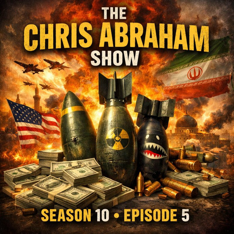 Bombs and cash before American and Iranian flags: "The Chris Abraham Show, Season 10, Episode 5."