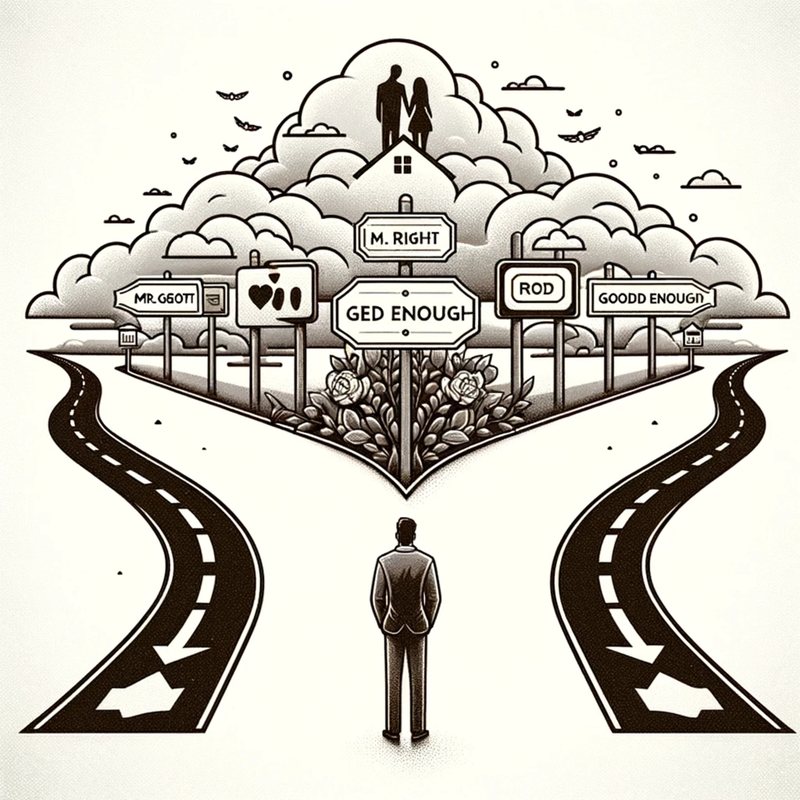 Line drawing of a man at a fork in the road, with signs reading "Mr. Right" and "Good Enough."