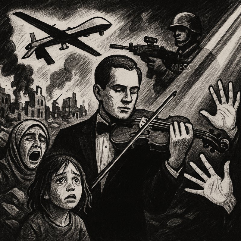 Charcoal drawing of a violinist playing amid drones, soldiers and terrified refugees.