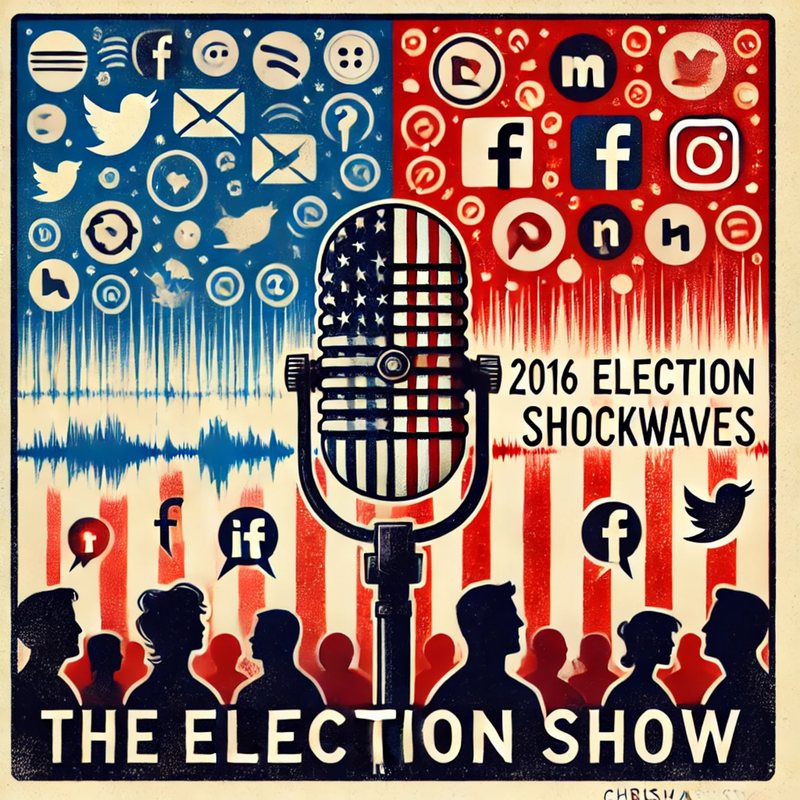 Poster, "The Election Show: 2016 Election Shockwaves": a flag-striped microphone over a crowd and social media icons.