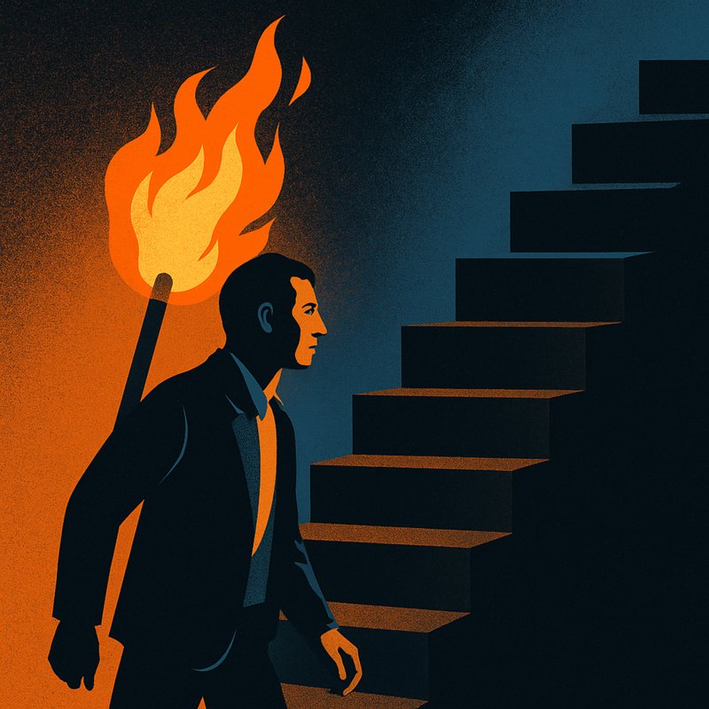 Poster of a man in a suit carrying a flaming torch up a dark staircase.
