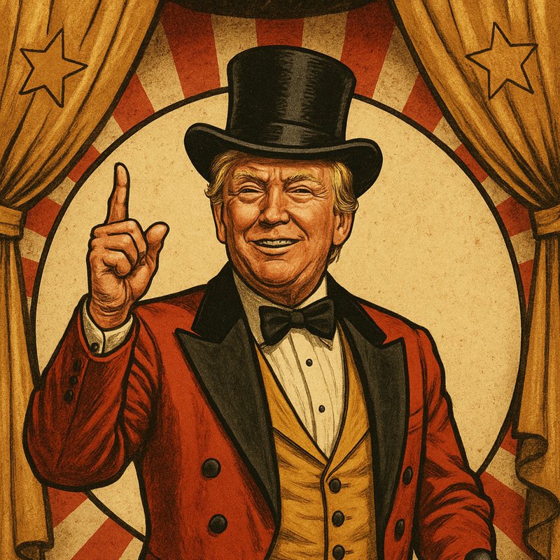 Circus poster of Donald Trump as a ringmaster in a top hat and red coat, finger raised.