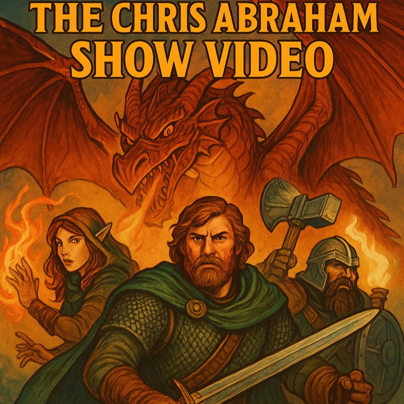 Fantasy painting of an elf, a warrior and a dwarf fighting before a red dragon: "The Chris Abraham Show Video."