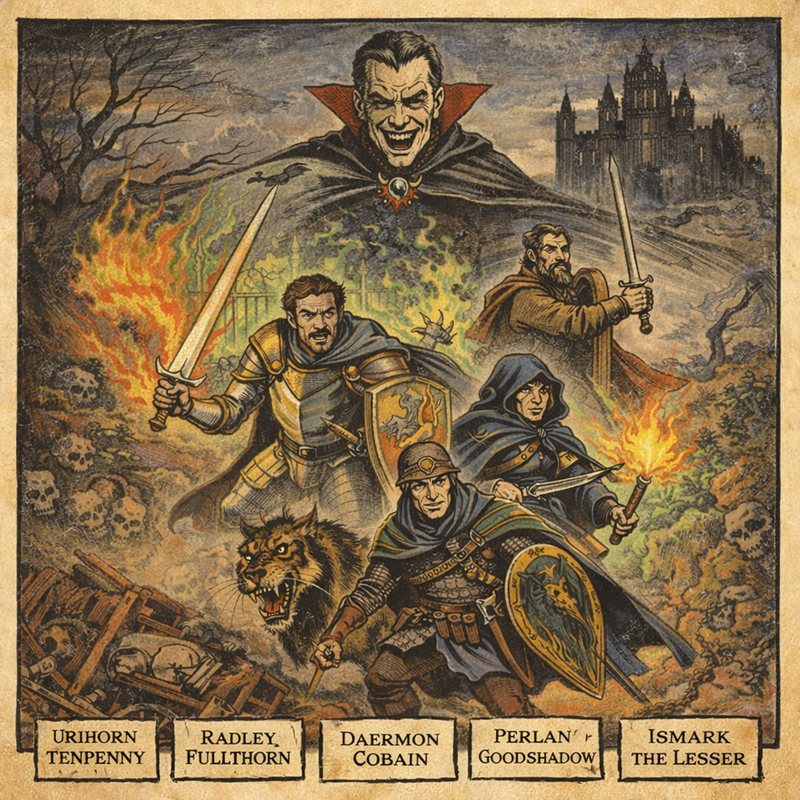 Five adventurers before a vampire: Urihorn Tenpenny, Radley Fullthorn, Daermon Cobain, Perlan Goodshadow, Ismark the Lesser.