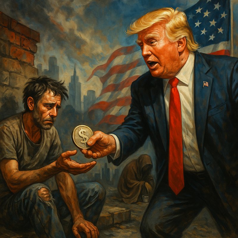 Painting of Donald Trump handing a coin to a ragged man sitting on a city sidewalk.